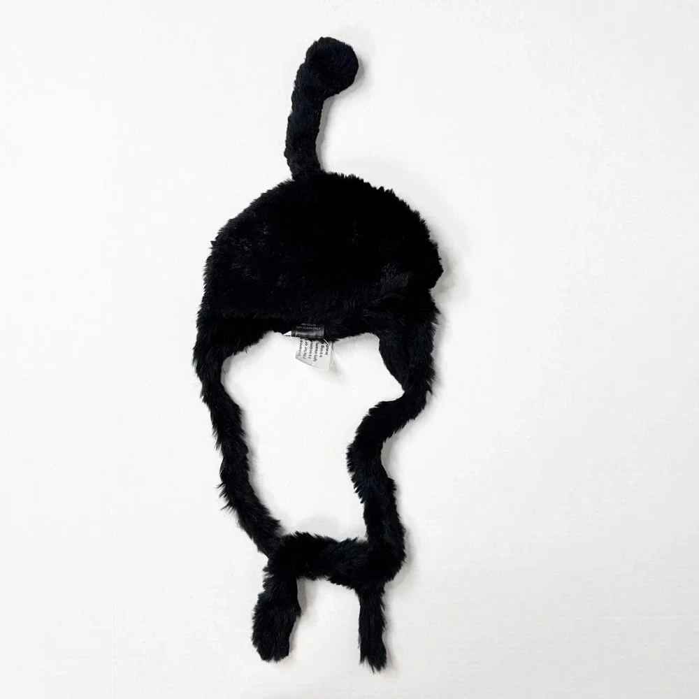 Adrienne Landau Black Rabbit Fur Trapper Hat‎ Youth or Small Adult Size Winter